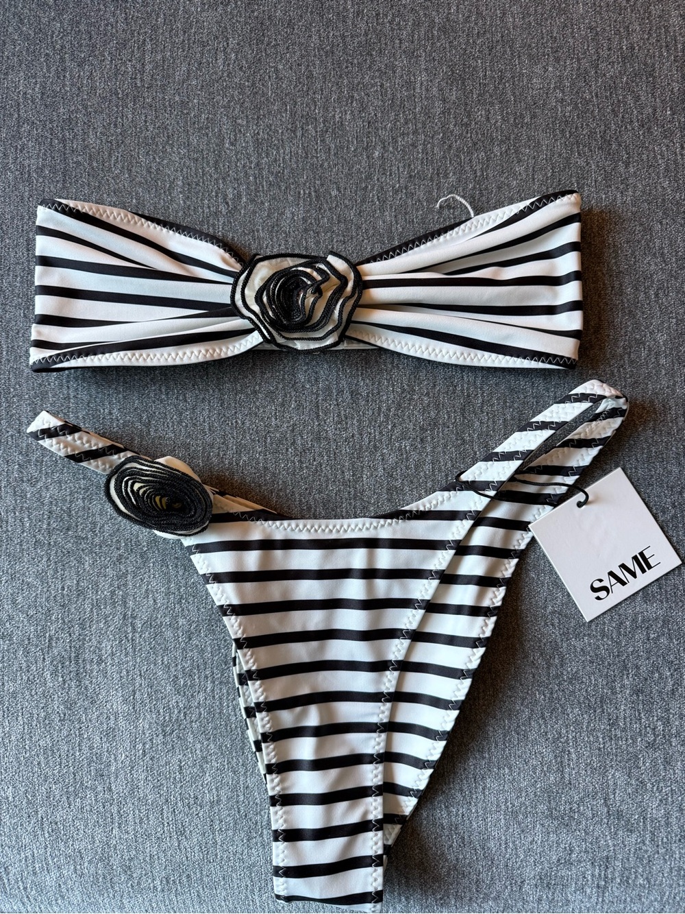 SAME Black & White Striped Bandeau Bikini Set